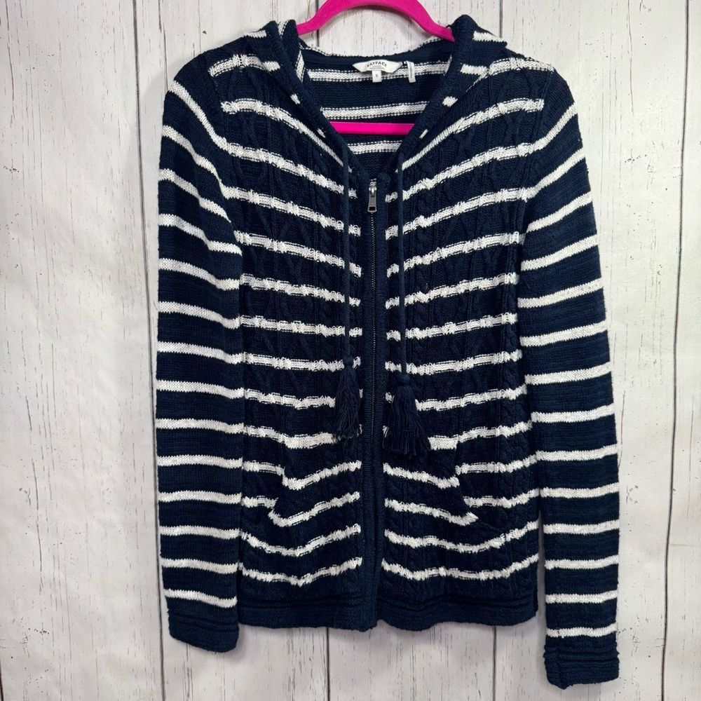 FatFace Striped Knit Hoodie Cardigan Navy White Size 8 Preppy Coastal Grandma